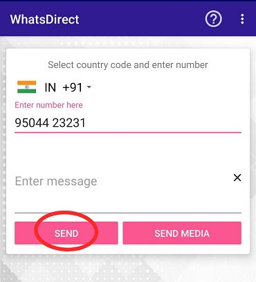 Step 2: Open the app, choose the country code. Enter the phone number and the message you want to send.
